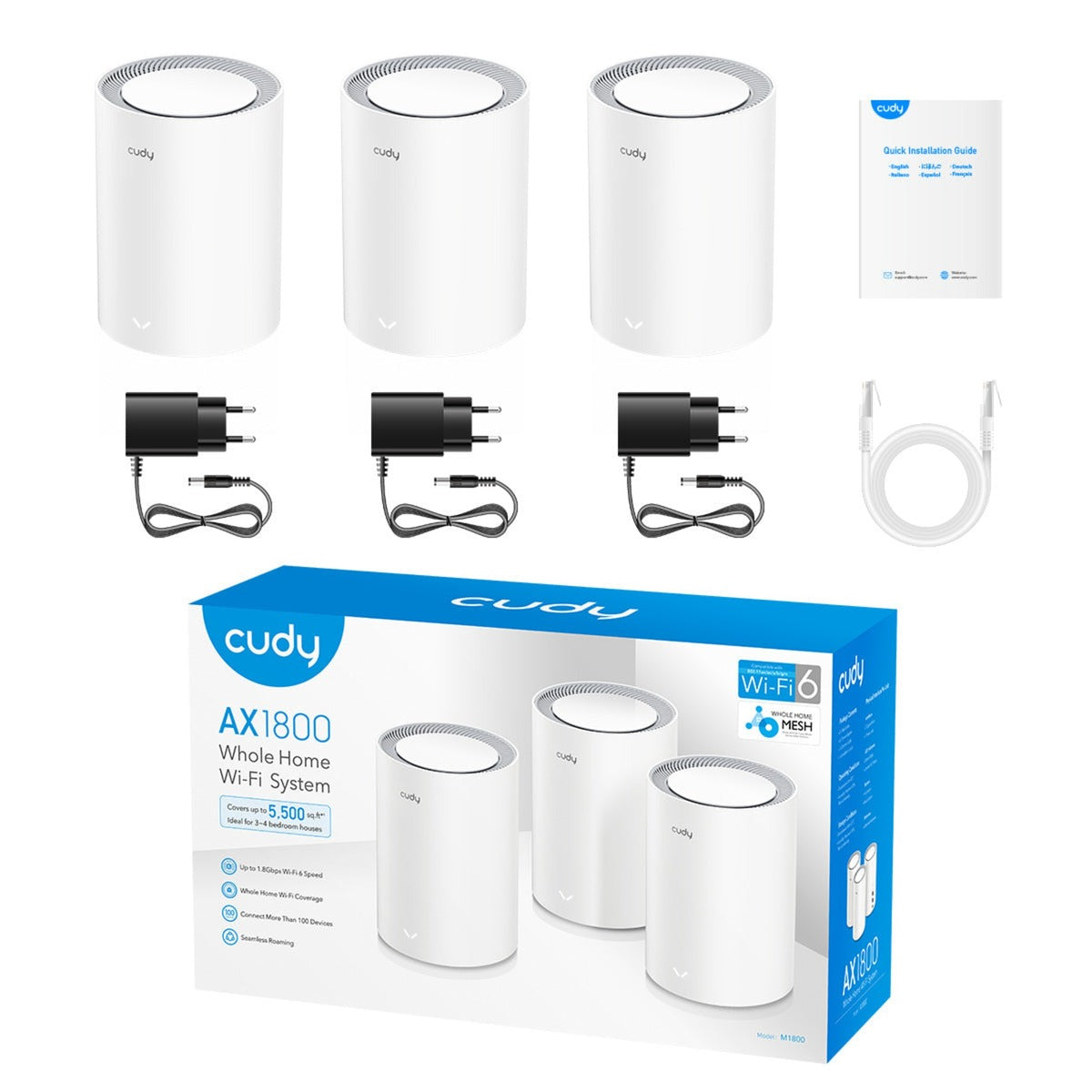 Cudy ax1800 gigabit mesh wi-fi 6 system (paquet de 3) routeur maillé (blanc)