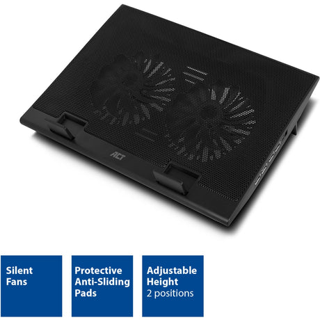 Support pour ordinateur portable Act Connectivity, avec ventilateur, réglable en hauteur sur 2 positions (noir, hub USB 2.0 à 4 ports)
