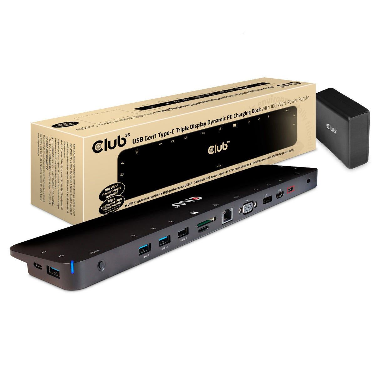 Station d'accueil Club 3D USB-C 3.2 Gen1 à triple affichage dynamique PD 100 W (noir)