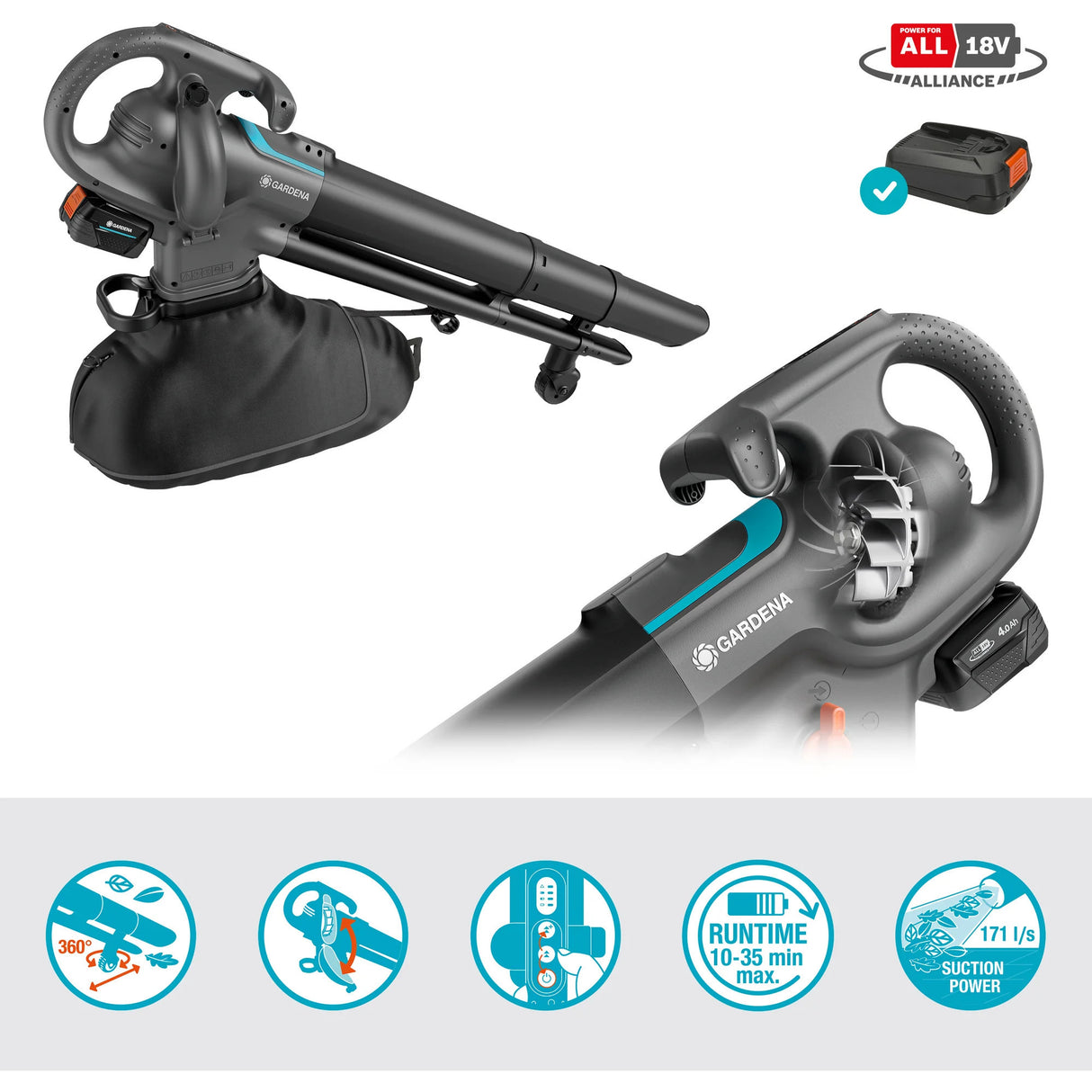 Aspirateur Gardena - souffleur powerjet collect aspirateur à feuilles souffleur de feuilles (gris noir, batterie 18v p4a et chargeur inclus)