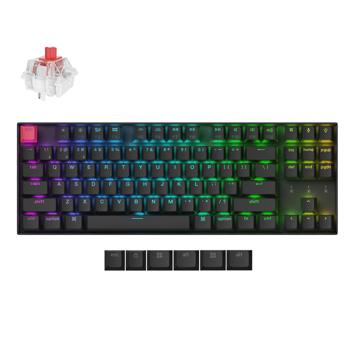 Clavier mécanique Keychron k8x-h1 RVB (noir, disposition américaine (qwerty), super rouge, 80 % (tkl), RVB, touches pbt double-shot cerise, échange à chaud, Bluetooth | USB-C)