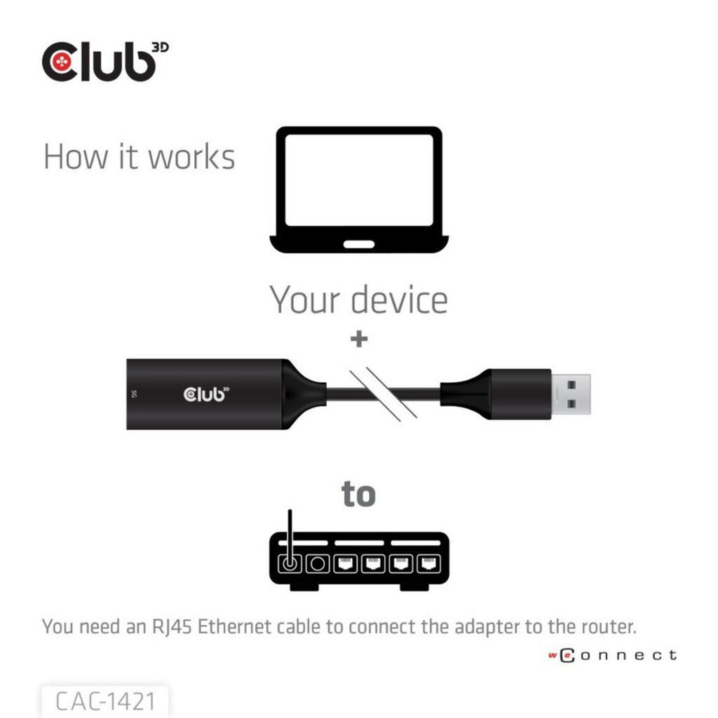 Adaptateur Club 3D USB-A vers RJ45 Ethernet 5 Gbit/s (noir)