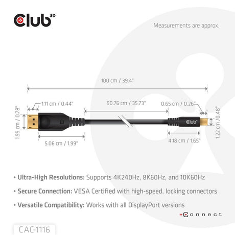 Adaptateur bidirectionnel Club 3D Mini DisplayPort vers DisplayPort DP80 (noir, 1 mètre, certifié Vesa)