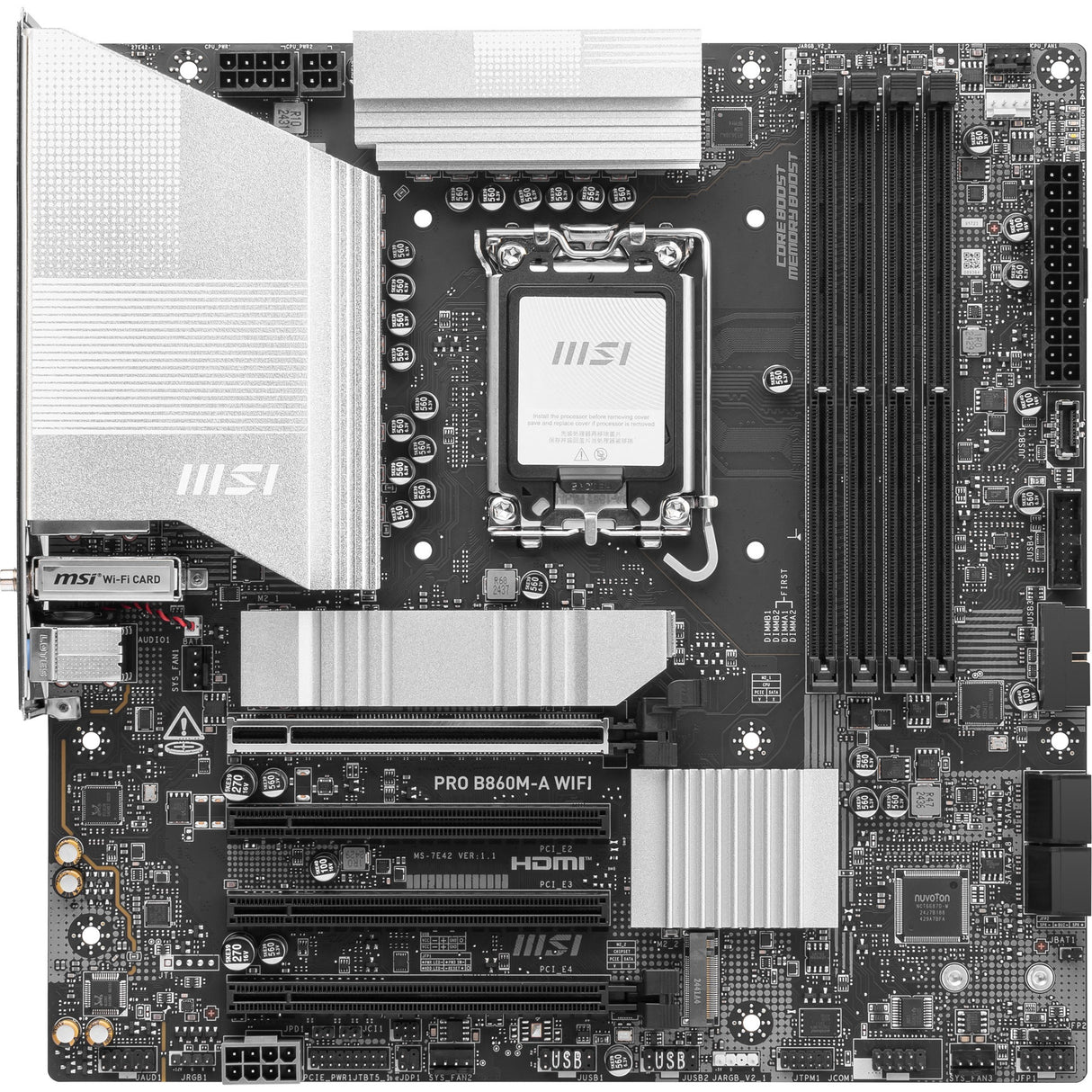 Carte mère MSI Pro B860M-A WiFi Socket 1851 (argent, RAID, 5 Go-LAN, WiFi 7, BT, Sound, µATX)