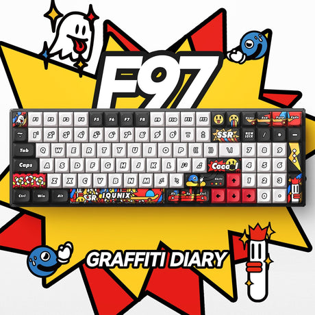 Clavier mécanique sans fil Iqunix f97 graffiti diary (noir, disposition américaine (qwerty), rouge cerise mx, 96 %, LED RVB, remplaçable à chaud, pbt, 2,4 GHz | Bluetooth 5.1 | USB-C)
