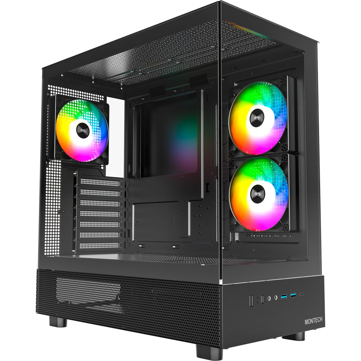 Boîtier tour midi Montech xr (noir | 2x USB-A | 1x USB-C | RVB | verre trempé)