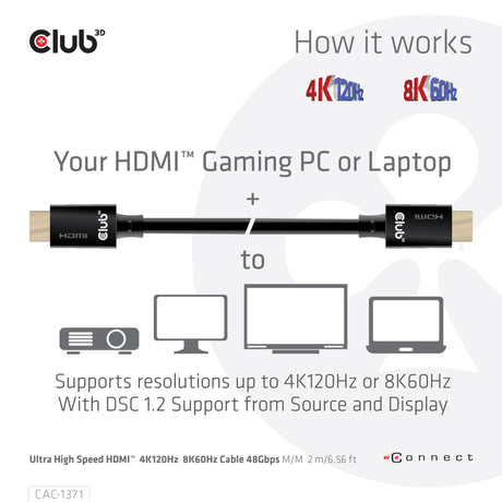 Câble HDMI ultra haut débit Club 3D (noir, 1 mètre, 4K 120 Hz, 8K 60 Hz, 48 Gbps)