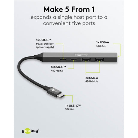 Goobay hub USB mince avec 5 ports, USB-C vers USB-C USB-A, 5 Gbit s (gris clair)