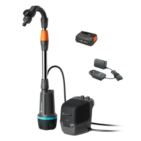 Pompe à baril de pluie à batterie Gardena 2400 confortautomatique 18v p4a kit prêt à l'emploi incl. batterie et chargeur (gris foncé noir, 14605-20 | pompe | batterie | chargeur | tube et connexion)