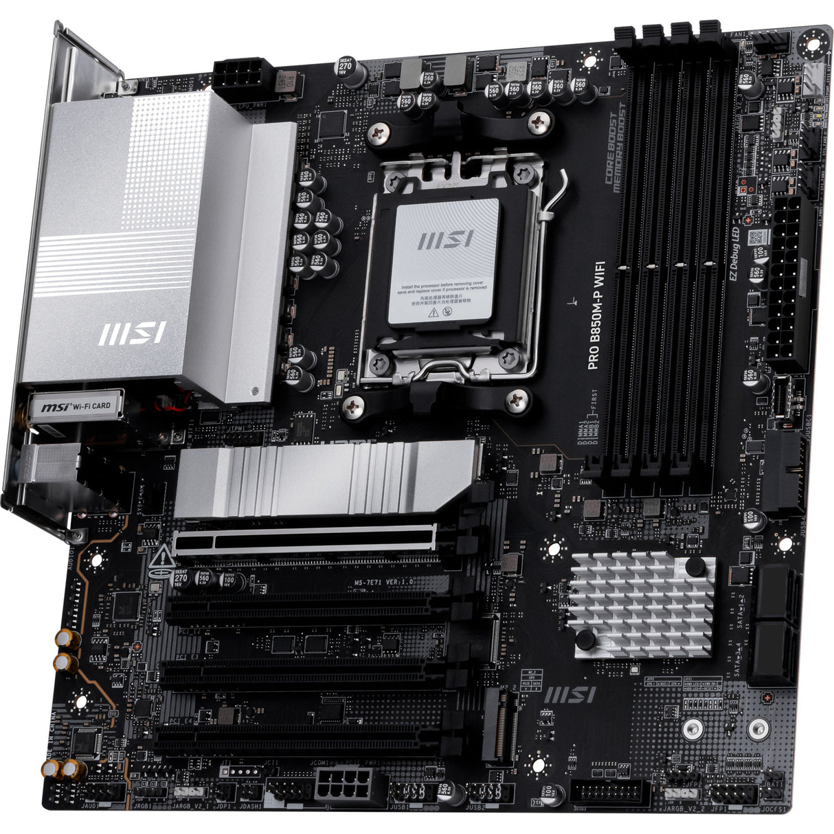 Carte mère MSI Pro B850M-P WiFi Socket AM5 (noir argent, RAID, 5 Go-LAN, WiFi 7, BT, Sound, µATX)