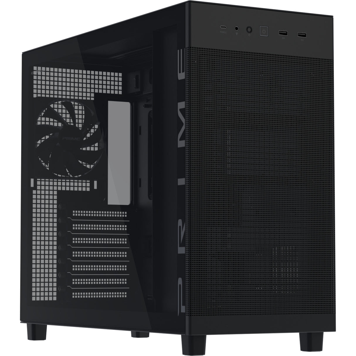 Asus prime ap303 - tempered glass panel midi tower behuizing (zwart | 2x usb-a | 1x usb-c | tempered glass)