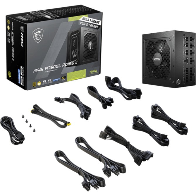 Alimentation modulaire Msi mag a750gl pcie5 ii de 750 watts (noir, 1x 12v-2x6, 3x pcie)