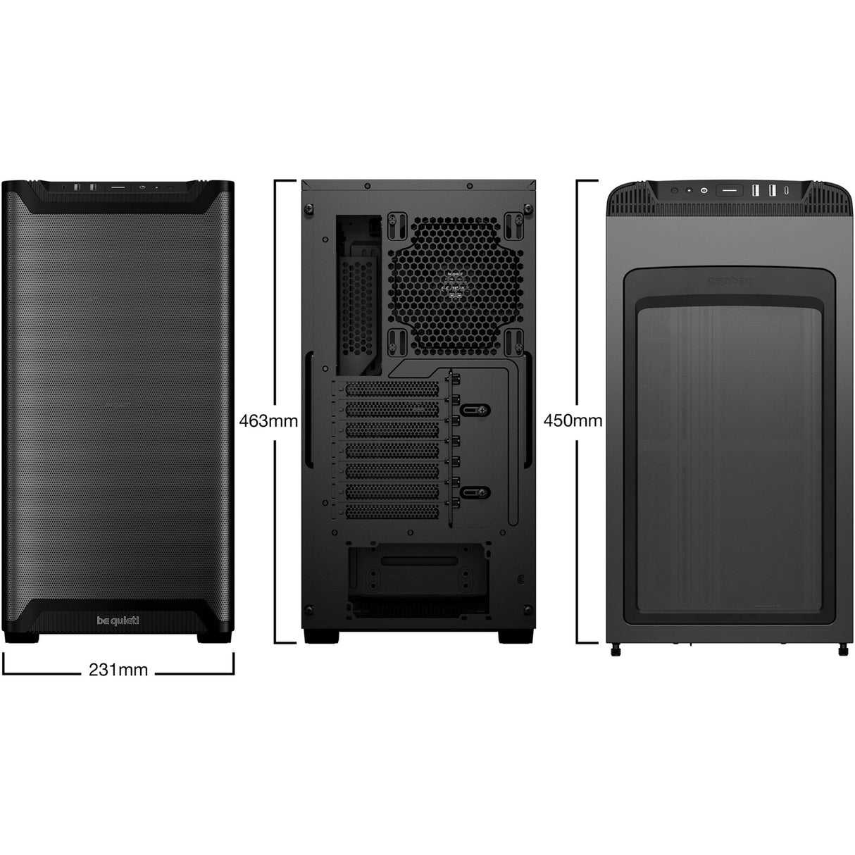 Soyez silencieux! boîtier tour midi à fenêtre de flux d'air pure base 501 (noir | 2x USB-A | 1x USB-C | verre trempé)