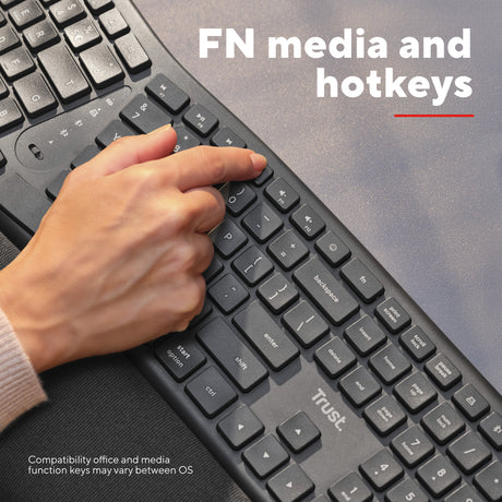Clavier ergonomique sans fil Trust Keyra (noir, disposition américaine (QWERTY), 100%, USB 2,4 GHz | Bluetooth)