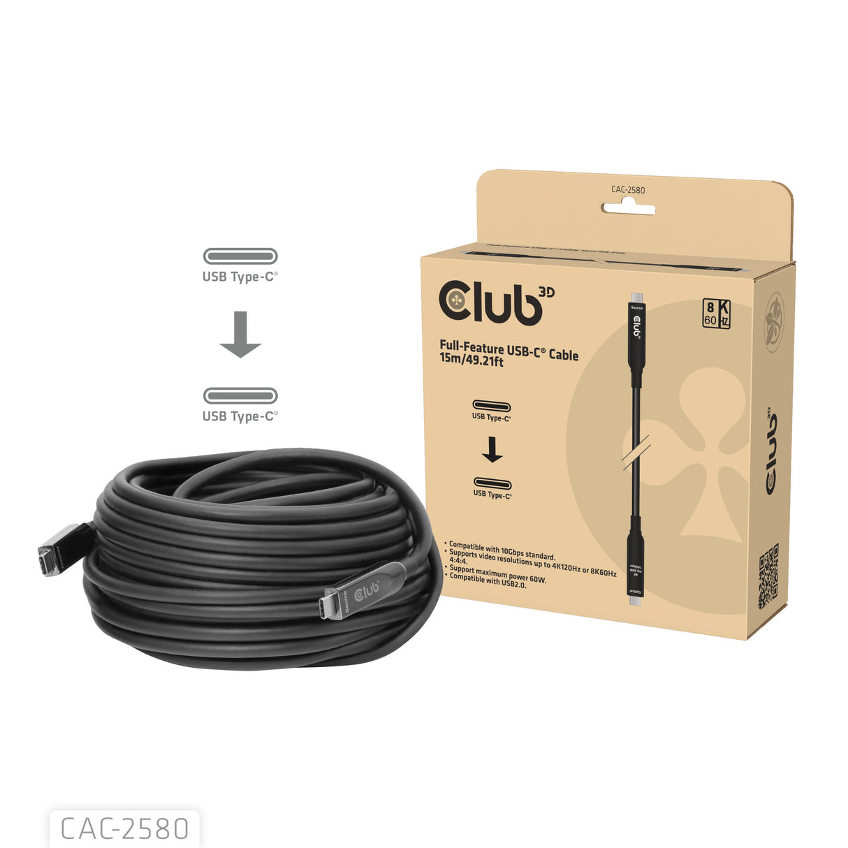 Câble USB-C complet Club 3D, 15 m (noir, 8k60hz 10gbps 60w)