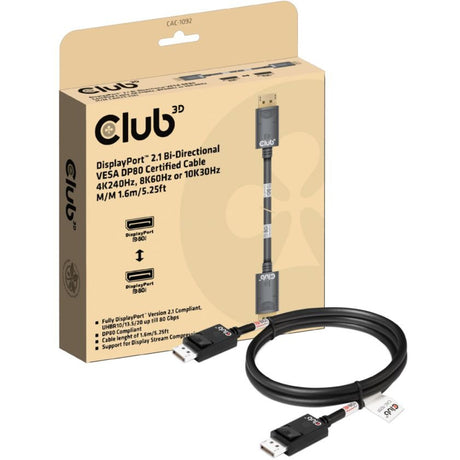Club 3D DisplayPort 2.1 Câble certifié Vesa DP80 mâle-mâle (noir, 1,6 mètre, 8K 240 Hz, 10K 60 Hz, 80 Gbit/s)