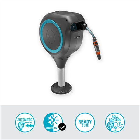 Enrouleur de tuyau enroulable Gardena pour tuyau de terrasse (gris turquoise, 20 mètres, avec seringue de nettoyage)