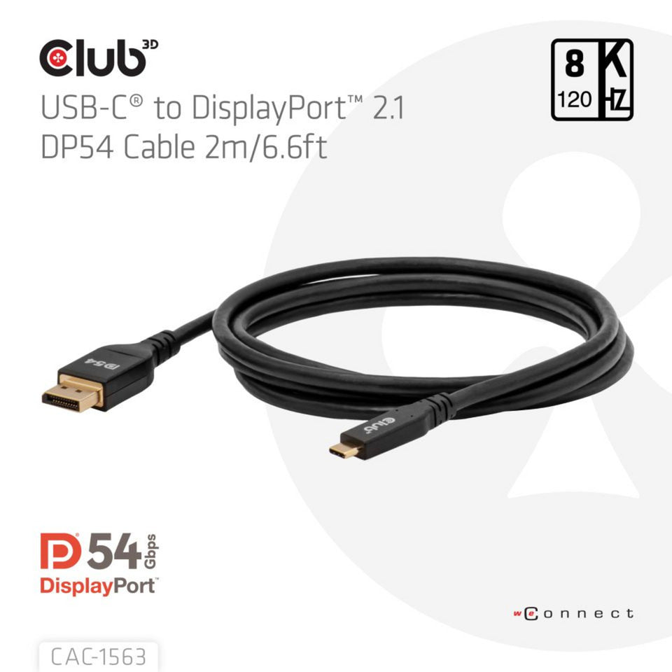 Câble bidirectionnel Club 3D USB-C vers DisplayPort 2.1 DP54, 8K120Hz 2 m (noir)
