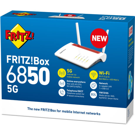 Fritz! box 6850 routeur international wlan lte 5g (blanc rouge, wi-fi maillé, 4g (lte), 3g (umts hspa+)