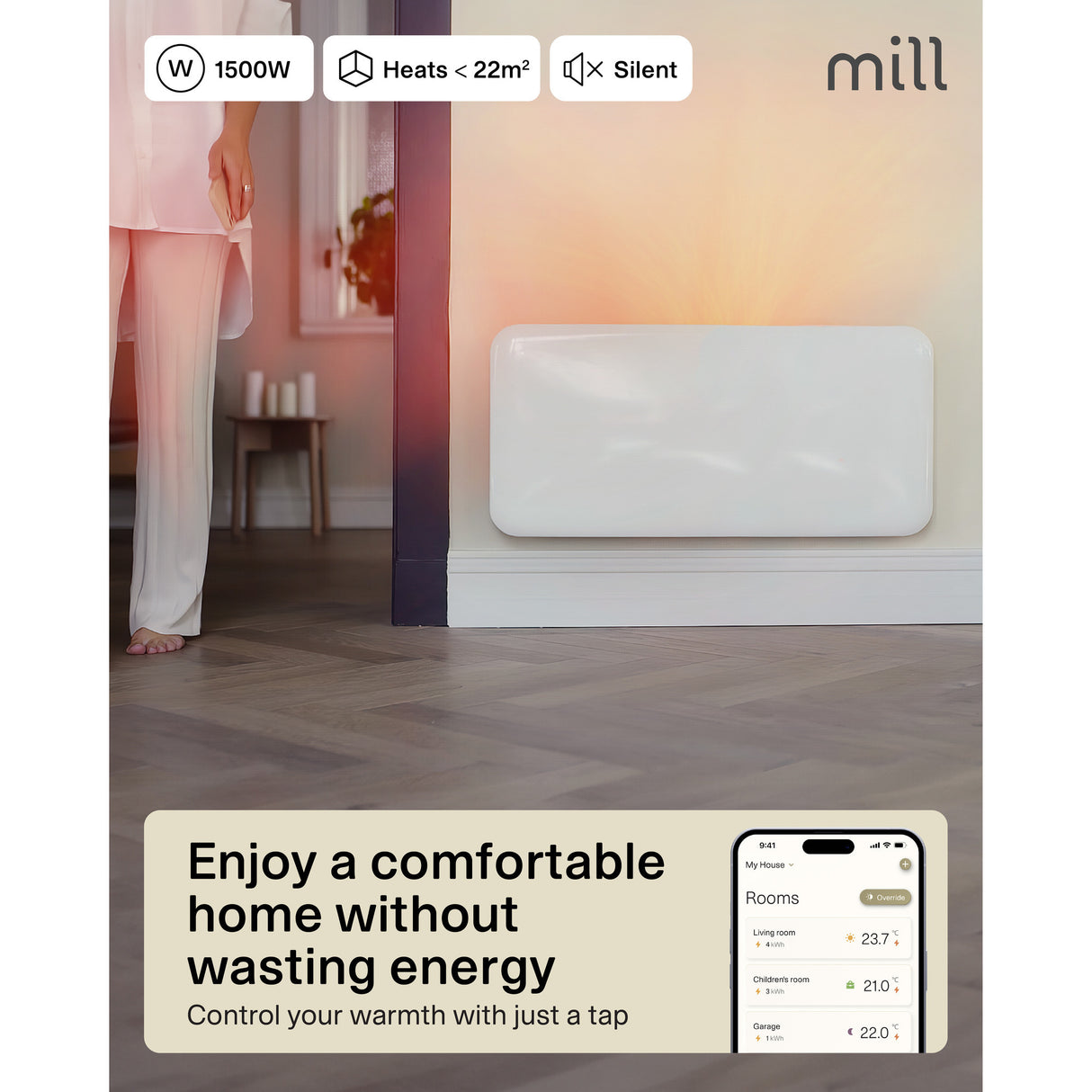 Panneau chauffant WiFi Mill Steel pa1500wifi4a, convecteur 1500 watts (blanc, WiFi 2,4 GHz (WiFi 6), Bluetooth 5.2, ZigBee 3.0 + application)