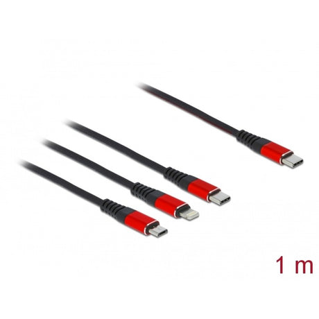 Delock Câble de chargement USB 3-en-1 USB-C vers Lightning + Micro USB + USB-C (noir rouge, 1 mètre)