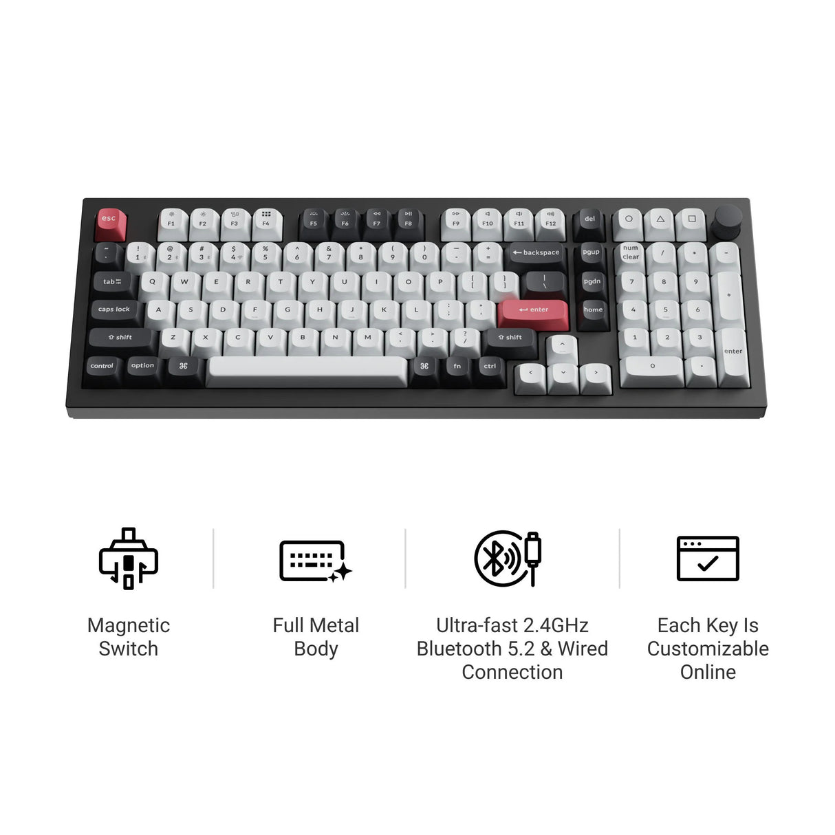Clavier personnalisé sans fil Keychron q5 he qmk (blanc, disposition américaine (qwerty), nébuleuse magnétique à double rail gateron, 96 %, LED RVB, pbt double-shot osa, échange à chaud, bouton, 2,4 GHz | Bluetooth 5.1 | USB-C)