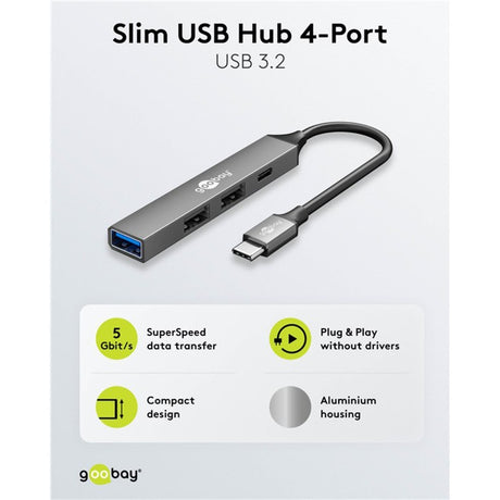 Goobay hub USB mince avec 4 ports, USB-C vers USB-C USB-A, 5 Gbit s (gris clair)