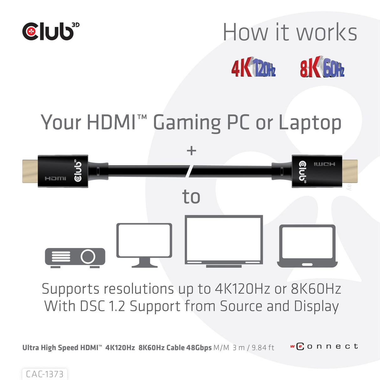 Câble certifié HDMI 2.1 ultra haut débit Club 3D mâle-mâle (noir, 3 mètres, 4K 120 Hz, 8K 60 Hz, 48 Gbps)