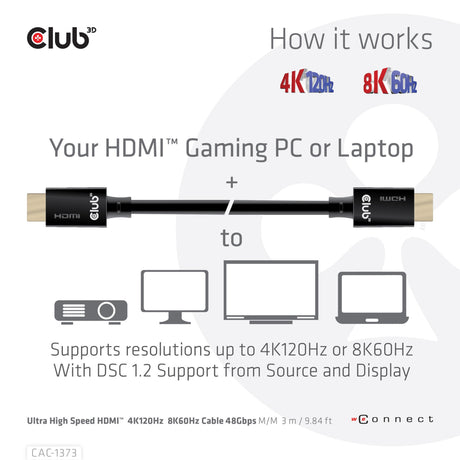 Câble certifié HDMI 2.1 ultra haut débit Club 3D mâle-mâle (noir, 3 mètres, 4K 120 Hz, 8K 60 Hz, 48 Gbps)