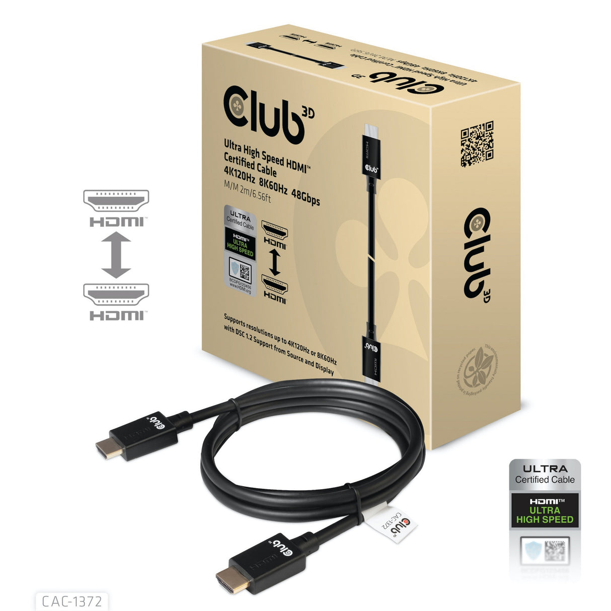 Câble certifié HDMI 2.1 ultra haut débit Club 3D mâle-mâle (noir, 2 mètres, 4K 120Hz, 8K 60Hz, 48Gbps)