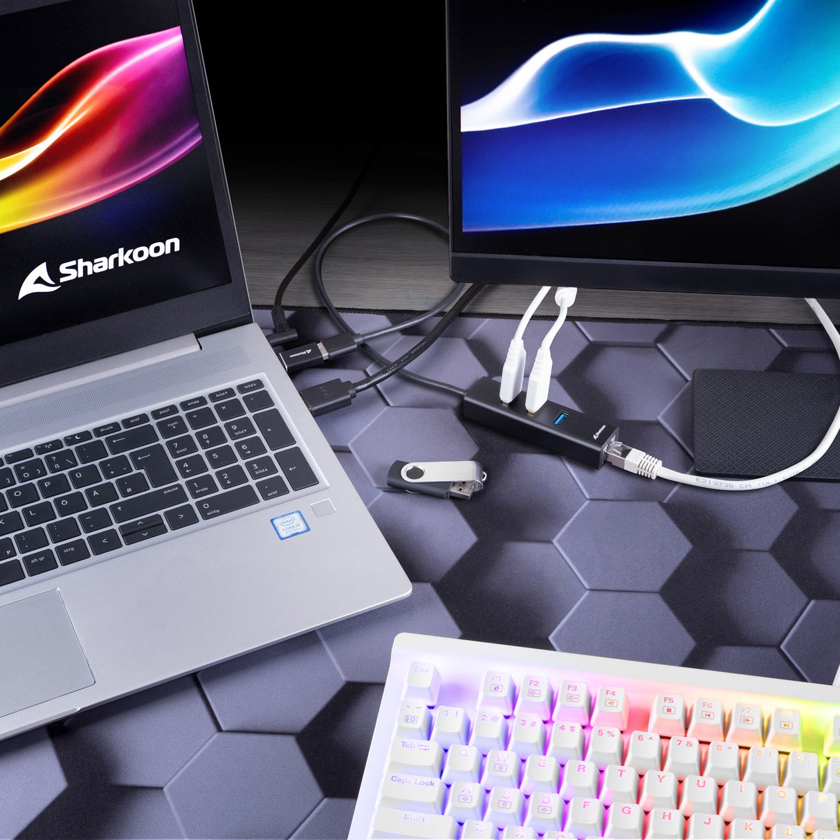 Sharkoon 3 port USB 3.2 Gen 1 Hub en aluminium + Ethernet RJ45