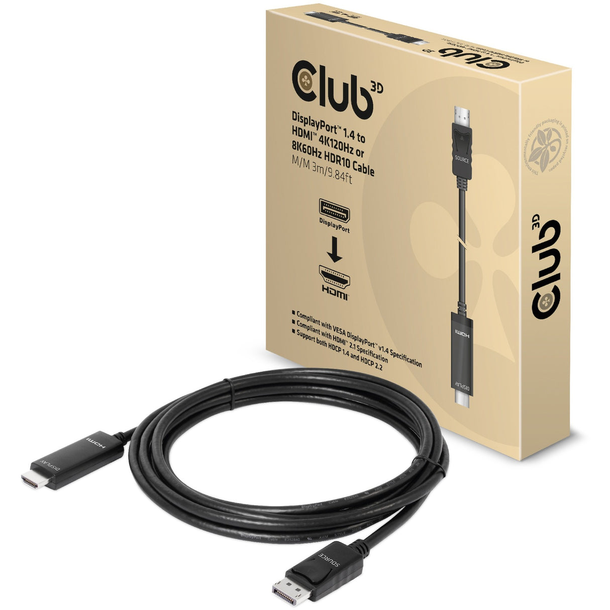 Club 3D display port 1.4 > câble HDMI (noir, 3 mètres, 4K 120Hz, 8K 60Hz)