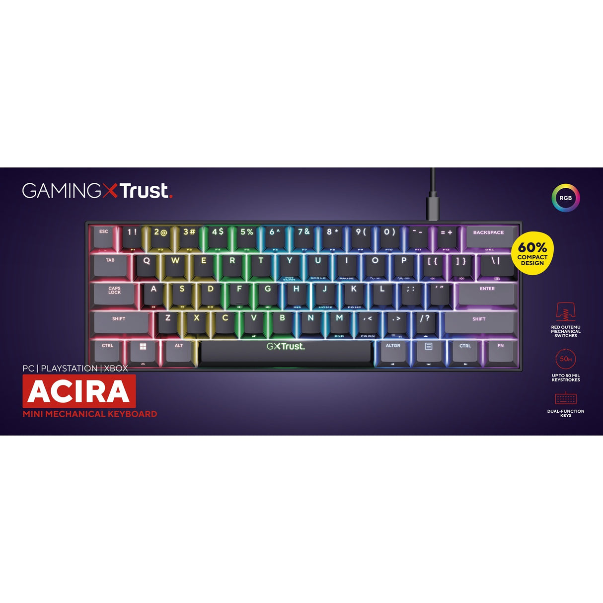 Trust GXT 867 Acira 60 % mini clavier de jeu mécanique (noir, disposition américaine (QWERTY), Outemu Red, 60 %, RVB)