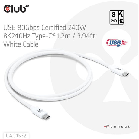 Câble Club 3D USB-C 80Gbps certifié 240W 8K 240Hz (blanc, 1,2m)