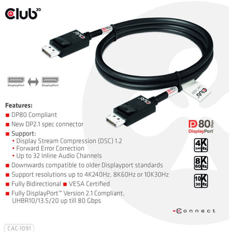 Club 3D DisplayPort 2.1 Câble certifié Vesa DP80 mâle-mâle (noir, 1,2 mètre, 4K 240 Hz, 8K 60 Hz, 80 Gbit/s)