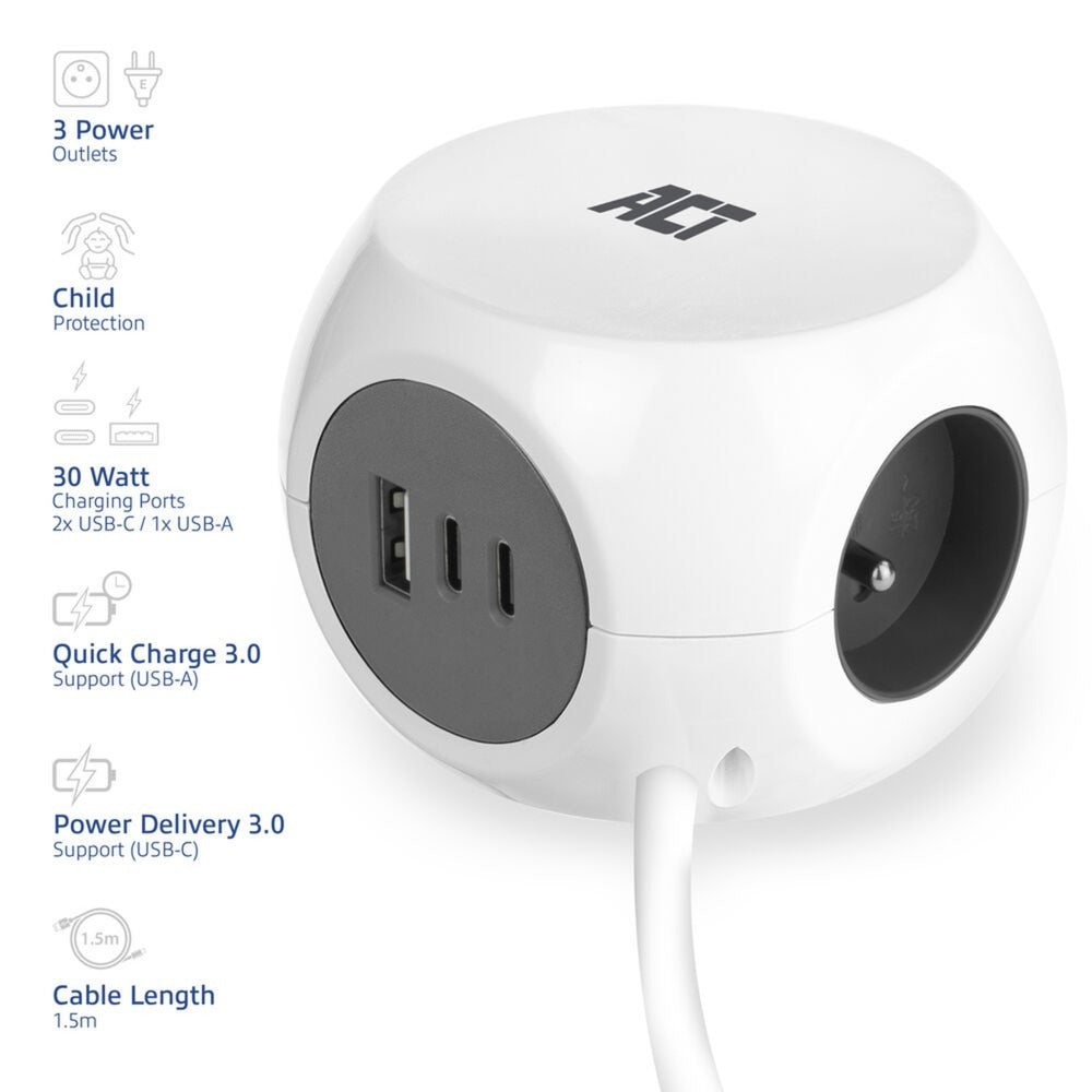 Cube multiprise de connectivité Act avec 3 prises, 30w d