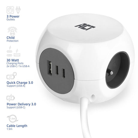 Act Connectivity Act Multiprise Cube avec 3 prises, alimentation 30 W, ports USB-C A, longueur de câble 1,5 m AC2425