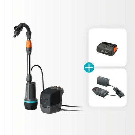 Pompe à baril de pluie à batterie Gardena 2400 confortautomatique 18v p4a kit prêt à l'emploi incl. batterie et chargeur (gris foncé noir, 14605-20 | pompe | batterie | chargeur | tube et connexion)