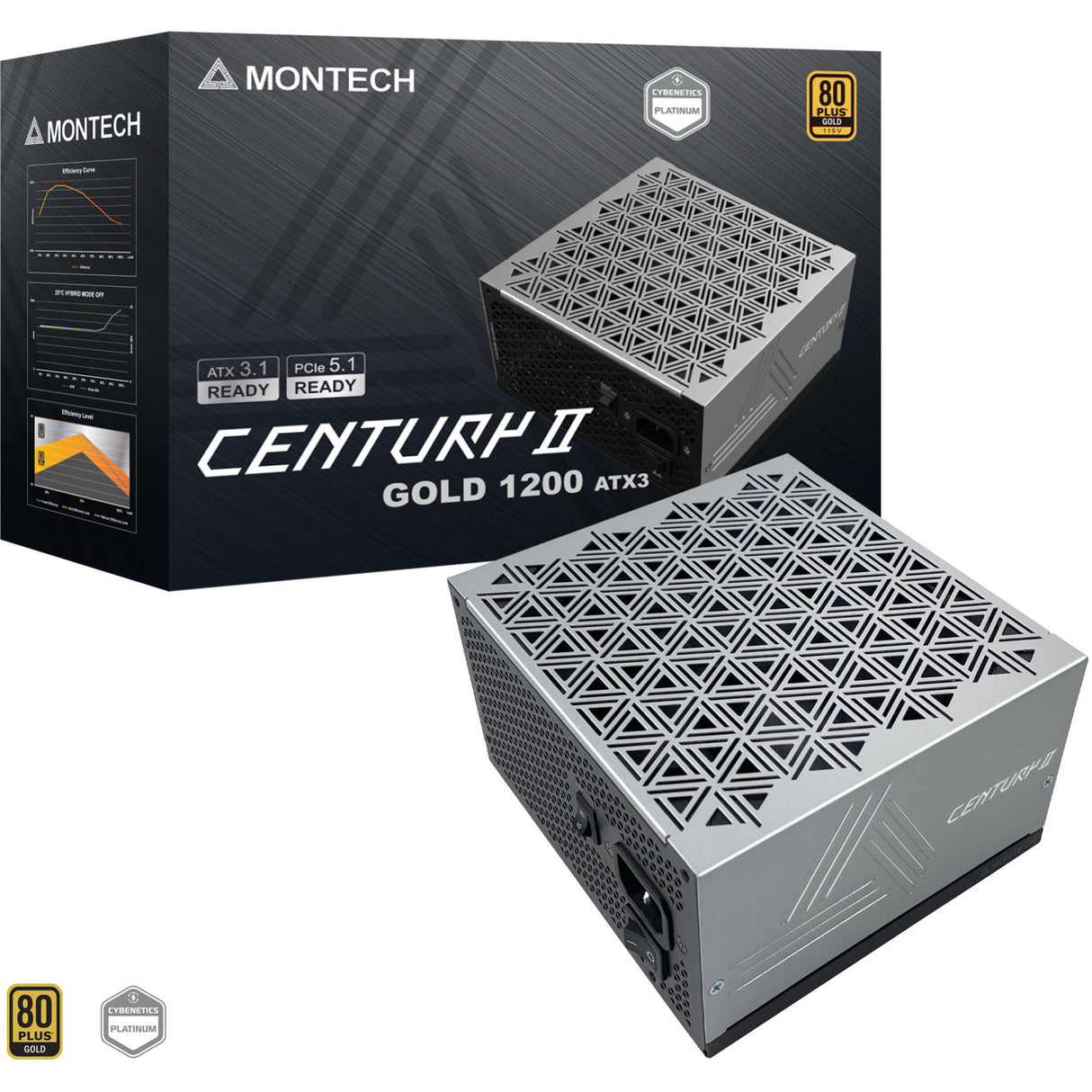 Alimentation modulaire Montech Century II de 1 200 watts (argent, 1x 12v-2x6, 6x PCIe)