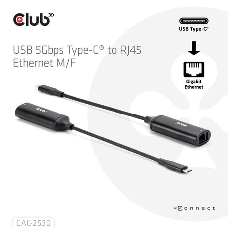 Adaptateur Ethernet M-F Club 3D USB-C vers RJ45 5 Gbit/s (noir)
