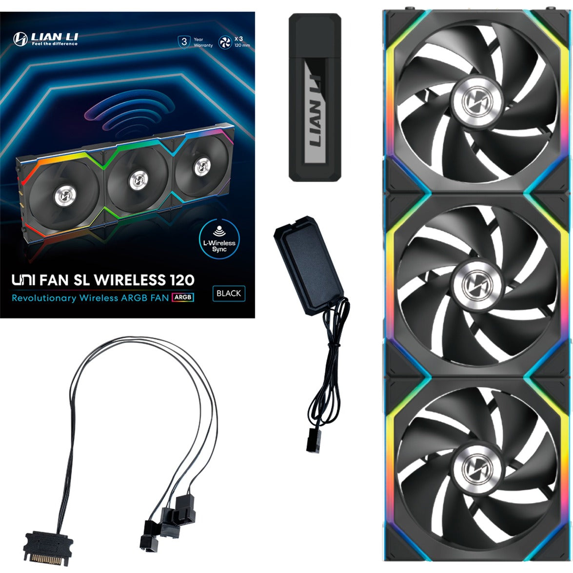 Lian Li Uni Fan SL120 Ventilateurs de boîtier RVB sans fil (noir, 3 pièces, 120 x 124,5 x 28 mm, PWM)