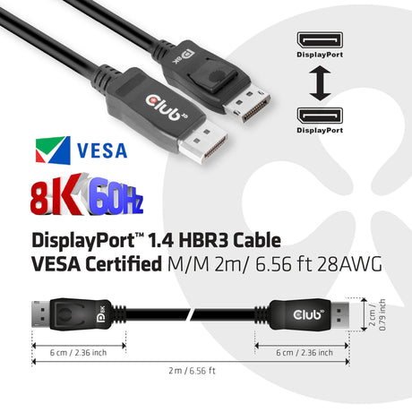 Câble certifié Club 3D Displayport 1.4 Vesa mâle-mâle (noir, 2 mètres, 8k 60hz, 32,4gbps)