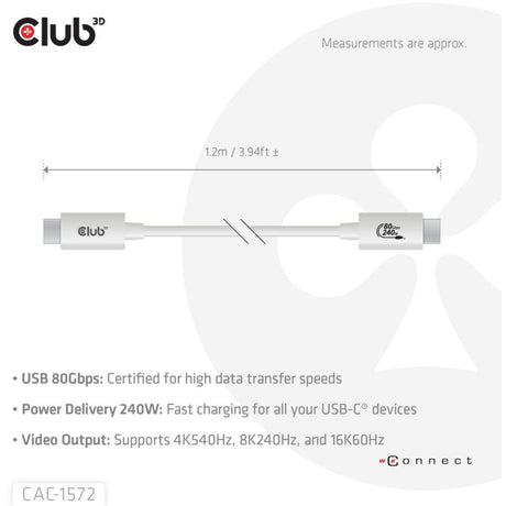 Câble Club 3D USB-C 80Gbps certifié 240W 8K 240Hz (blanc, 1,2m)