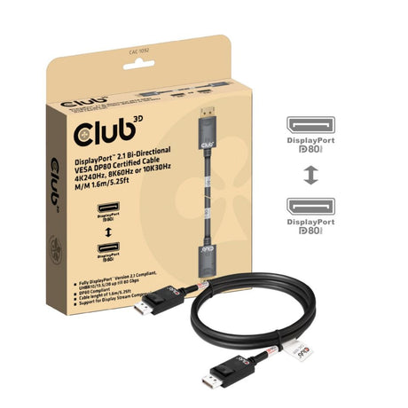 Club 3D DisplayPort 2.1 Câble certifié Vesa DP80 mâle-mâle (noir, 1,6 mètre, 8K 240 Hz, 10K 60 Hz, 80 Gbit/s)
