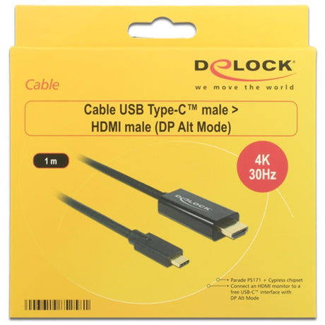 Câble Delock USB-C (mâle) > HDMI (mâle) (mode DP Alt) (noir, 1 mètre, 4K 30 Hz)