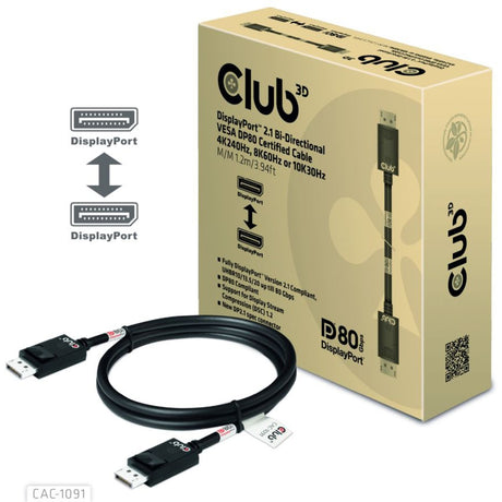 Club 3D DisplayPort 2.1 Câble certifié Vesa DP80 mâle-mâle (noir, 1,2 mètre, 4K 240 Hz, 8K 60 Hz, 80 Gbit/s)