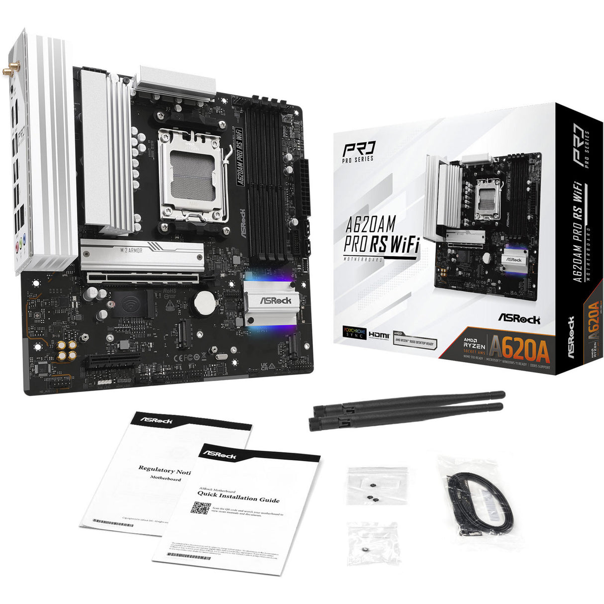 Carte mère Asrock A620AM Pro RS WiFi Socket AM5 (RAID, 2,5 Go-LAN, WLAN, BT, Son, µATX)