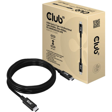 Câble bidirectionnel Club 3d usb4 gen3x2 type-c, 2 mètres (noir, 8k60hz, données 40gbps, pd 240w (48v 5a) epr)
