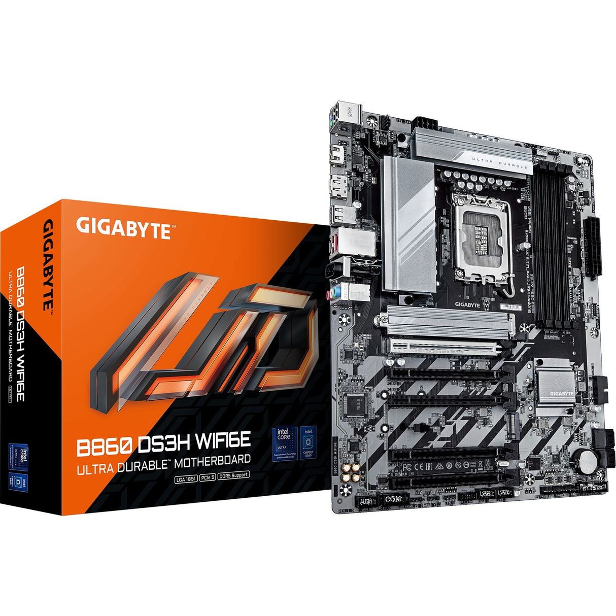 Carte mère Gigabyte B860 DS3H WiFi 6E Socket 1851 (argent noir, RAID, 2,5 Go-LAN, WiFi 6E, BT, son, ATX)