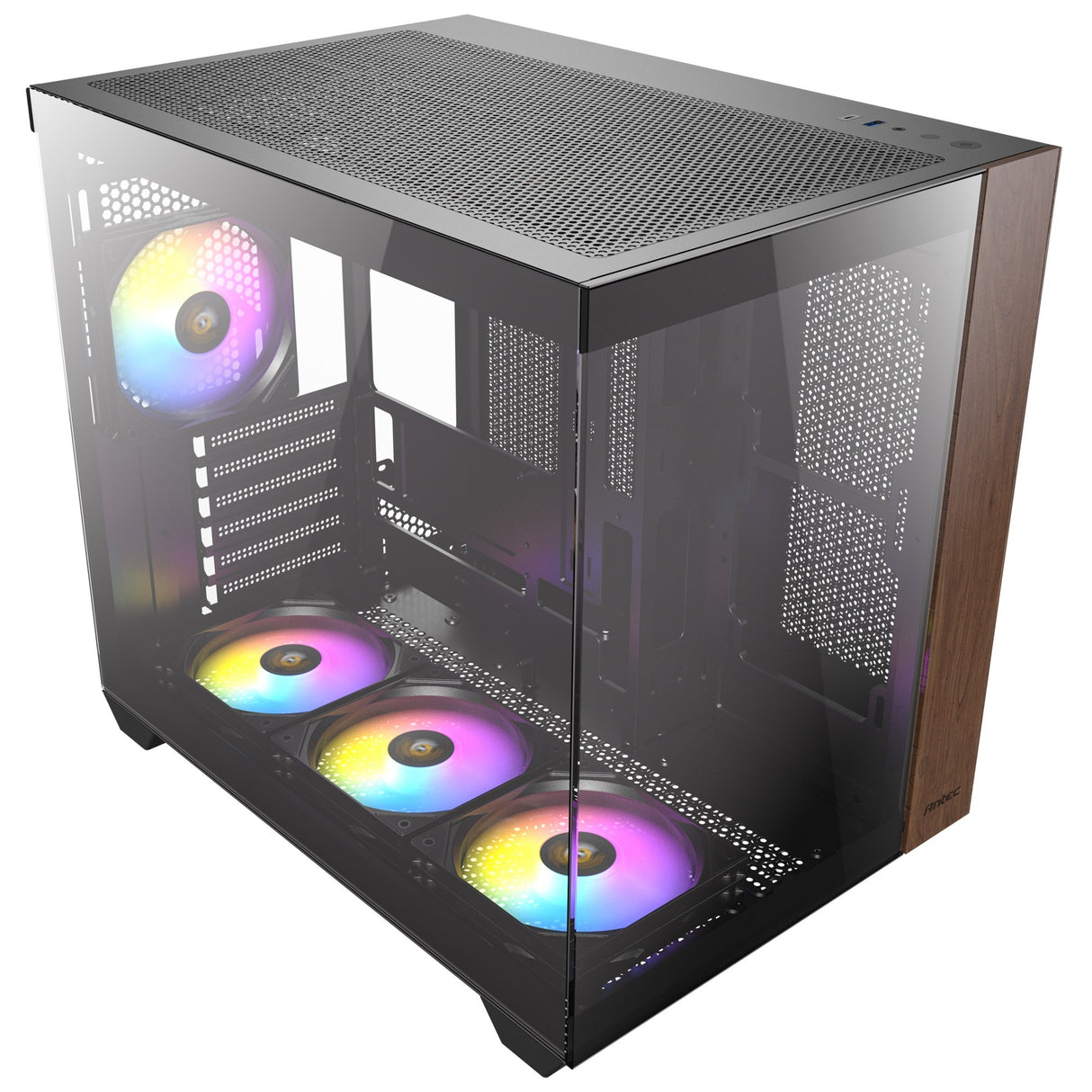 Boîtier tour midi argb en bois Antec cx800 (couleur bois noir | 1x USB-A | 1x USB-C | verre trempé)